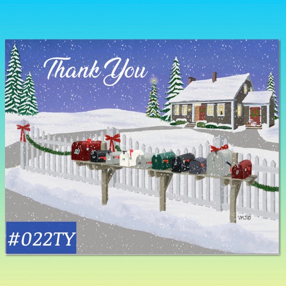 022TY Snowy Rural Postal Scene Thank You Postcards , for mail carriers to give their customers, letter carriers
