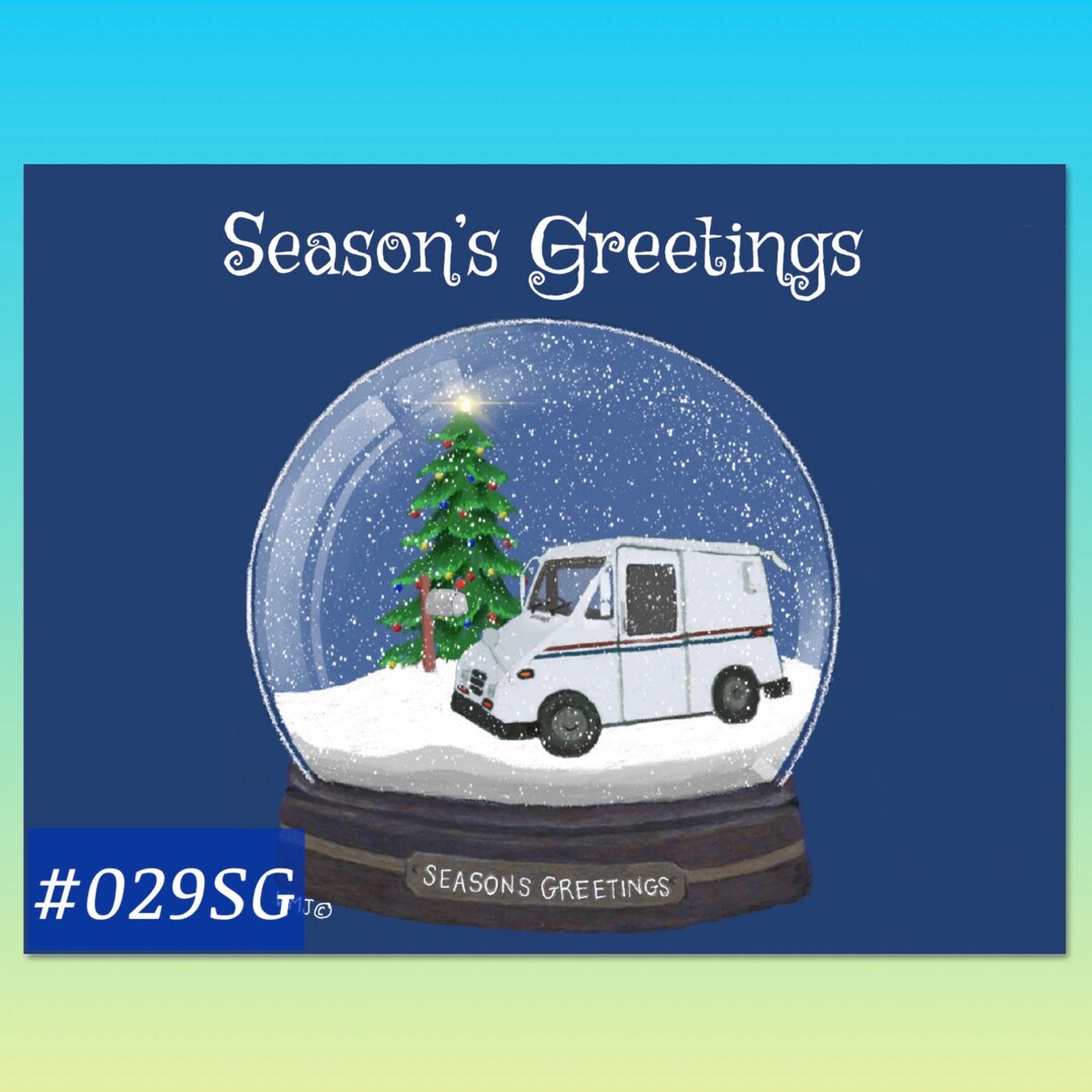 029SG Blue Seasons Greetings Snow Globe Mail Truck Postcards, Holiday Postal Postcards Letter ...