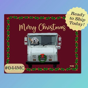 044MC Cartes postales de joyeux Noël rouge foncé avec livraison du courrier houx et chien, cartes postales de voeux de facteur, paquets de 50 ou 100 cartes postales,