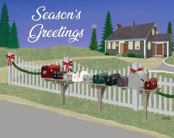 Row of Mailboxes, Season’s Greetings Postcards, Holiday postal postcards Letter Carrier, Mail Carrier ©
