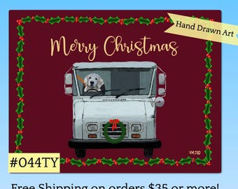 044MC Dark Red Merry Christmas Postcards: Dog Mail Delivery, Letter Carrier Greeting to customers,