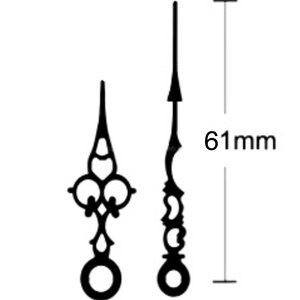 May include: Black clock hands, one ornate and one arrow-shaped, with a total length of 61mm. The ornate hand features a series of circular and teardrop shapes. The arrow-shaped hand has a pointed tip and a series of curved cutouts. Ideal for clock making and repair.