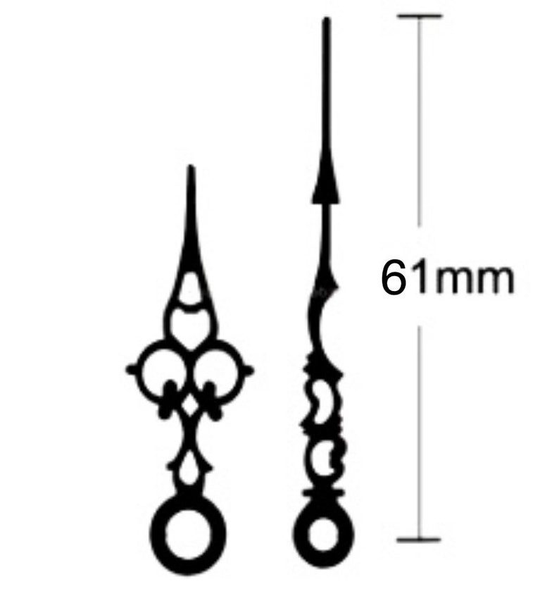 May include: Black clock hands, one ornate and one arrow-shaped, with a total length of 61mm. The ornate hand features a series of circular and teardrop shapes. The arrow-shaped hand has a pointed tip and a series of curved cutouts. Ideal for clock making and repair.