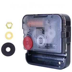 May include: A clear plastic quartz clock movement with a red adjustment wheel and a black battery compartment. Includes a gold nut, a gold washer, and a black rubber washer. The movement is labeled "QUARTZ".