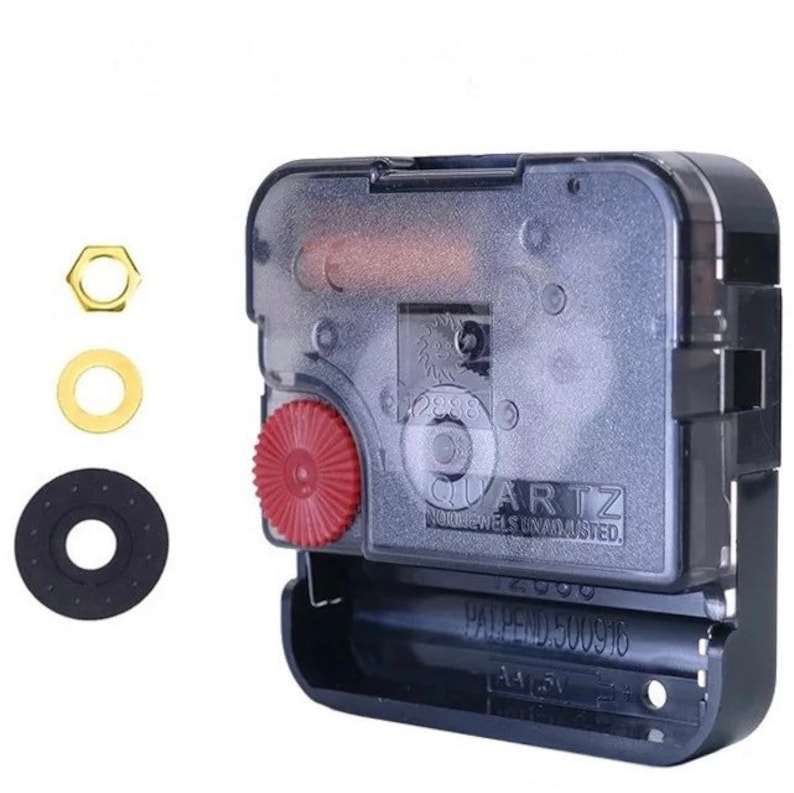 May include: A clear plastic quartz clock movement with a red adjustment wheel and a black battery compartment. Includes a gold nut, a gold washer, and a black rubber washer. The movement is labeled "QUARTZ".