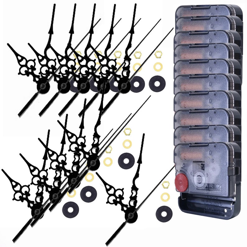 May include: A collection of black clock hands with decorative designs, along with clock movements, washers, and nuts. The clock hands have a classic, ornate style. The clock movements are black plastic with a red adjustment wheel.