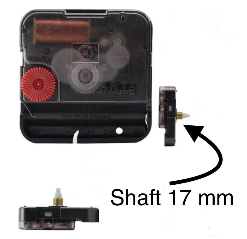 May include: A black quartz clock movement with a red gear and a 17 mm shaft. The clock mechanism has the word "QUARTZ" printed on it. The image shows the front and side views of the clock movement.