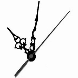 May include: Black clock hands set against a white background. The set includes an hour hand with a decorative design, a minute hand, and a second hand. The hands are made of a dark material and are designed to be mounted on a clock face.