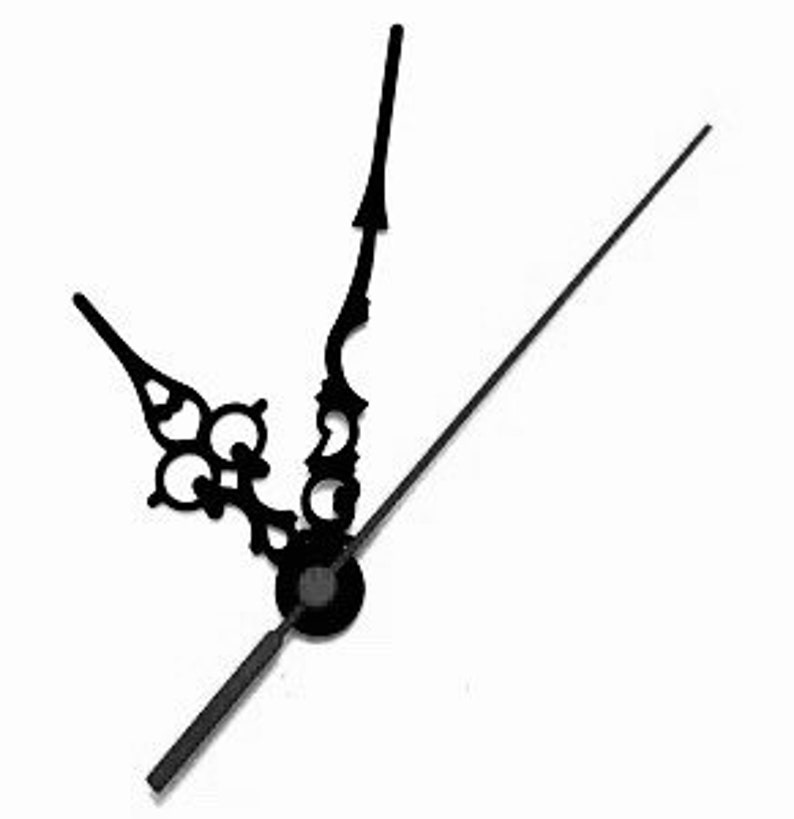 May include: Black clock hands set against a white background. The set includes an hour hand with a decorative design, a minute hand, and a second hand. The hands are made of a dark material and are designed to be mounted on a clock face.