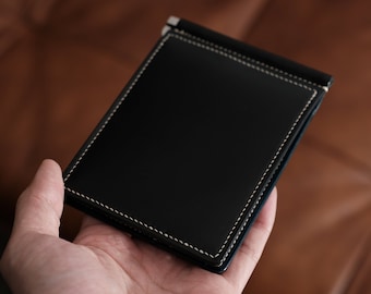 Cartera bifold azul, clip de dinero de cuero, cartera de tarjeta de cuero para hombre, cartera de cuero genuino, cartera cordobesa, cartera de cuero curtido vegetal
