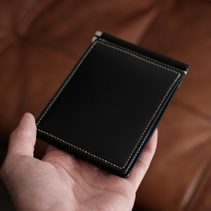 Cartera bifold azul, clip de dinero de cuero, cartera de tarjeta de cuero para hombre, cartera de cuero genuino, cartera cordobesa, cartera de cuero curtido vegetal