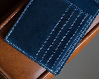 Cartera de cuero azul, billetera bifold, cuero cordobés, billetera de cuero clásica, billetera de tarjeta de crédito, billetera marina, billetera azul para hombre