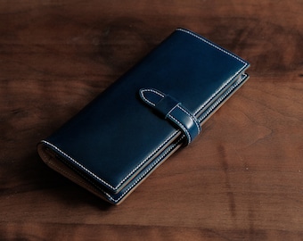 Shinki Cordovan Bifold Blue leather long wallet, handmade long wallet