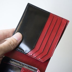 Shinki Cordovan Black with Red Bifold leather wallet, Vegetable Tanned Leather handmade Bifold Wallet image 4