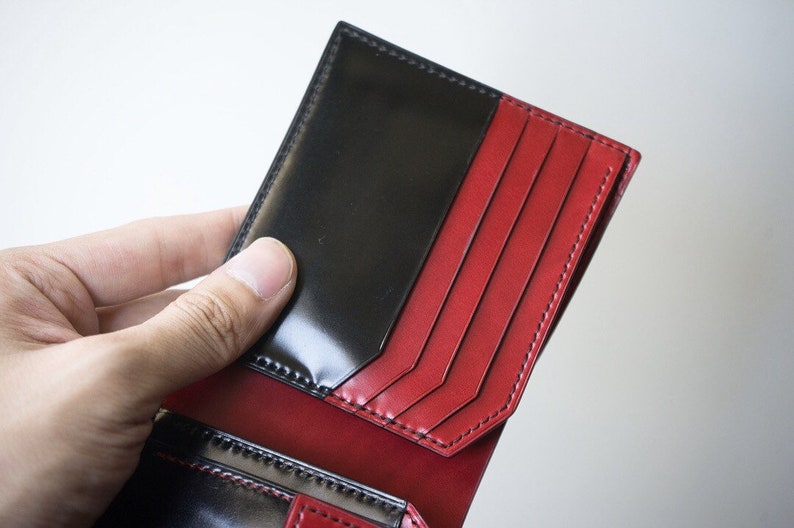 Shinki Cordovan Black with Red Bifold leather wallet, Vegetable Tanned Leather handmade Bifold Wallet image 4