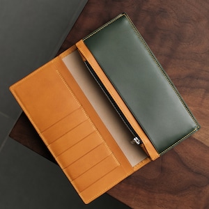 Cartera de cuero larga, cartera clutch de cuero, cartera clutch de cuero genuino, billetera cordobesa, billetera larga personalizada, billetera verde, billetera Shinki