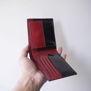 Shinki Cordovan Black with Red Bifold leather wallet, Vegetable Tanned Leather handmade Bifold Wallet image 2