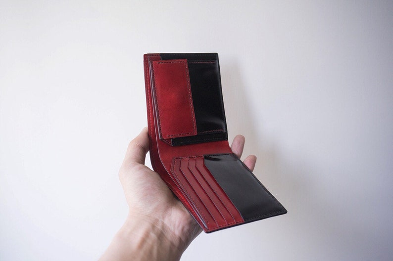 Shinki Cordovan Black with Red Bifold leather wallet, Vegetable Tanned Leather handmade Bifold Wallet image 2