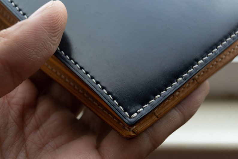 Cartera de cuero azul marino, cartera bifold, Horween Cordovan, cartera de cuero clásica, cartera de tarjeta de crédito, cartera Horween, cartera azul marino para hombre imagen 3