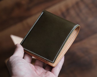 Shinki Cordovan Olive Green Natural Vegetable Tanned Leather handmade Bifold Wallet