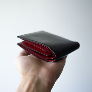 Shinki Cordovan Black with Red Bifold leather wallet, Vegetable Tanned Leather handmade Bifold Wallet image 1