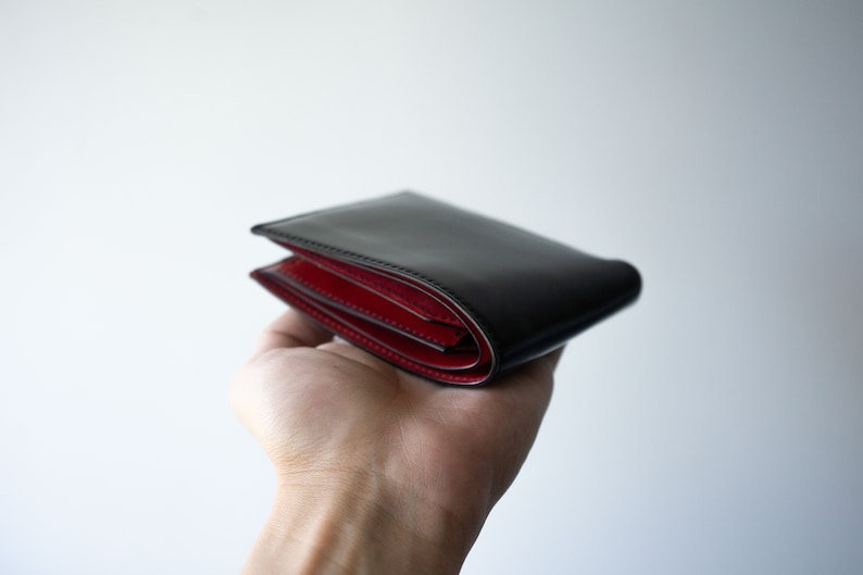 Shinki Cordovan Black with Red Bifold leather wallet, Vegetable Tanned Leather handmade Bifold Wallet image 1