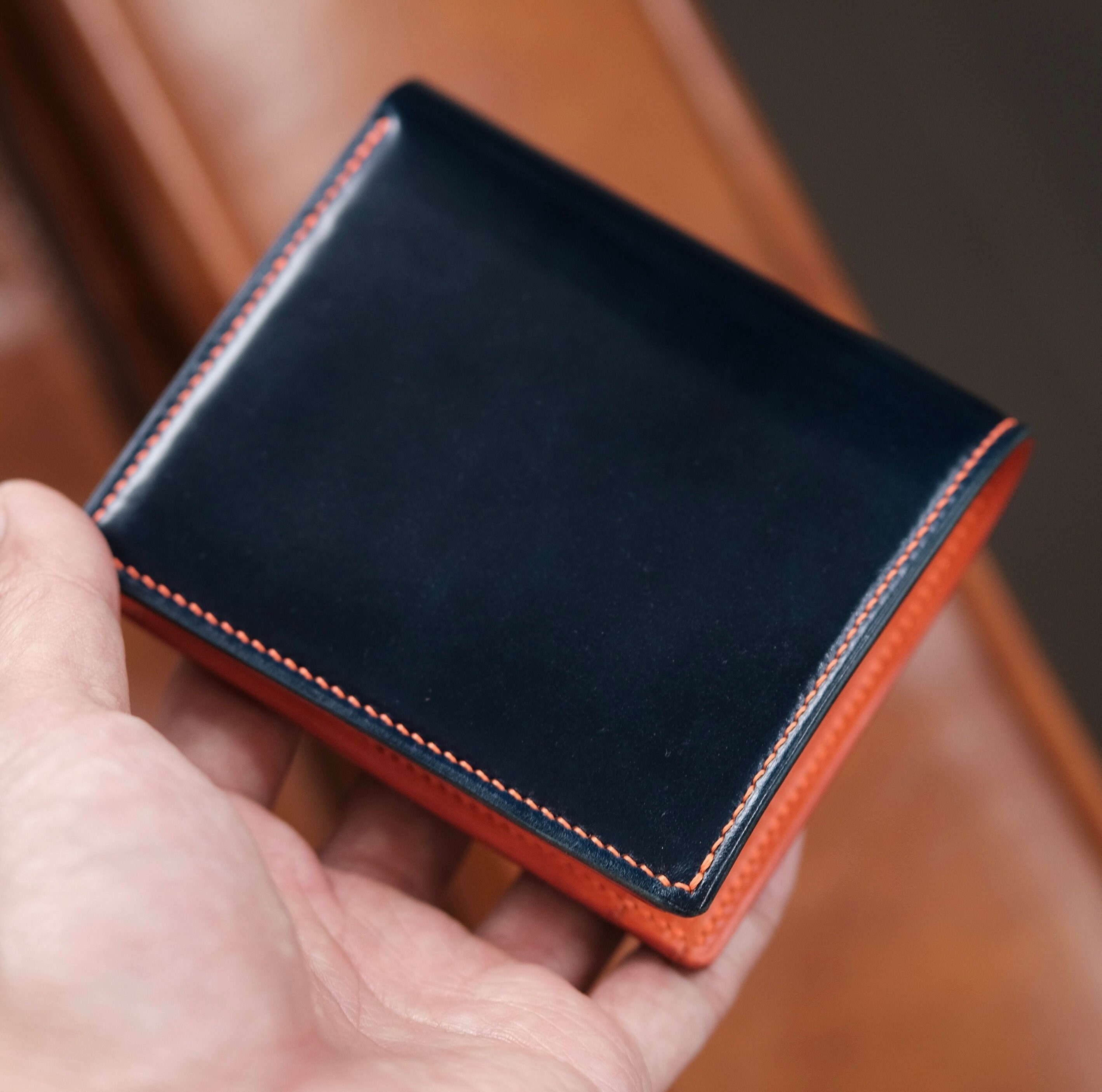 Blue Shell Cordovan Leather Bifold Wallet, Handmade - Etsy