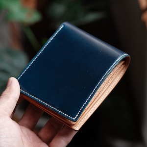 Cartera plegable azul, cartera plegable de cuero, cartera de cuero para hombre, cartera de cuero genuino, cartera cordobesa, cartera de cuero curtido vegetal imagen 1