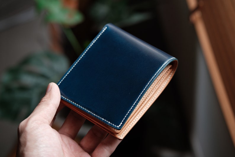 Cartera plegable azul, cartera plegable de cuero, cartera de cuero para hombre, cartera de cuero genuino, cartera cordobesa, cartera de cuero curtido vegetal imagen 1