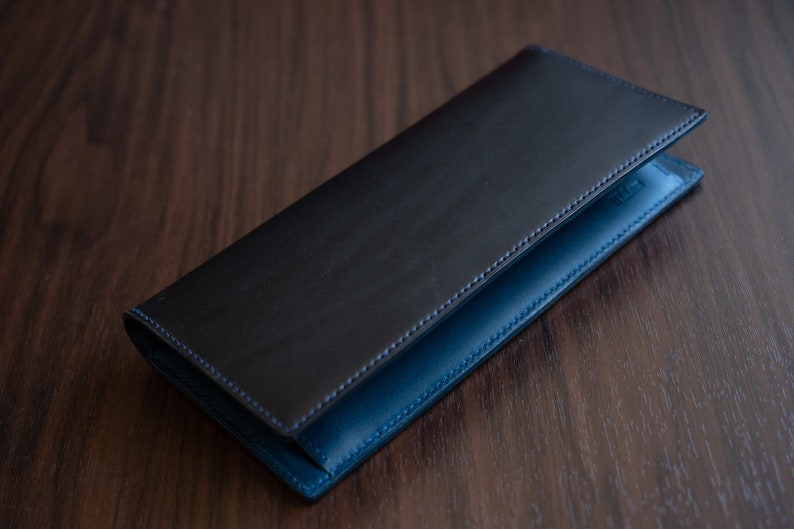 Buttero Bifold leather long wallet, handmade long wallet Blue mix natural image 3