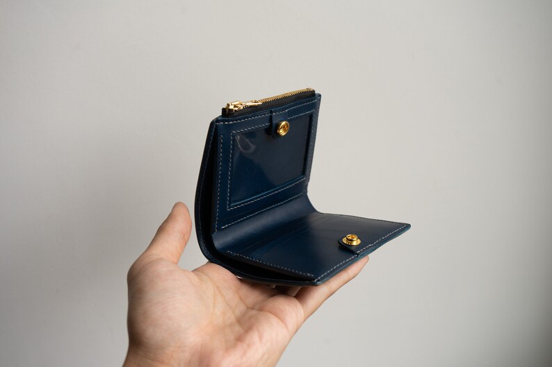 Cartera de cuero Buttero gris / azul Bifold de cuero, cartera hecha a mano imagen 2