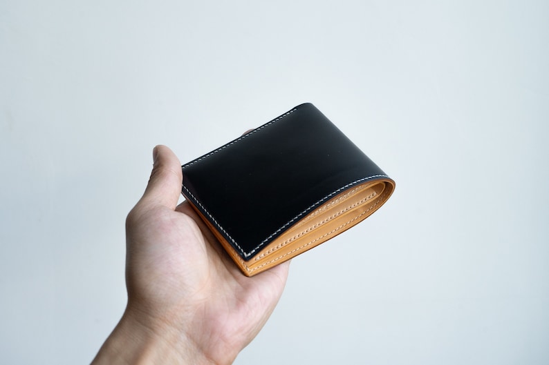 Cartera de cuero azul marino, cartera bifold, Horween Cordovan, cartera de cuero clásica, cartera de tarjeta de crédito, cartera Horween, cartera azul marino para hombre imagen 1