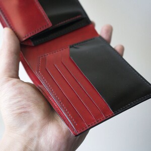 Shinki Cordovan Black with Red Bifold leather wallet, Vegetable Tanned Leather handmade Bifold Wallet image 3