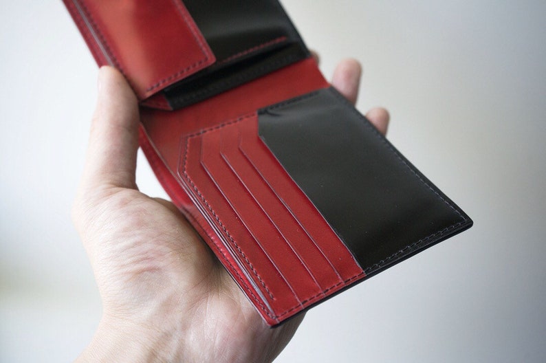 Shinki Cordovan Black with Red Bifold leather wallet, Vegetable Tanned Leather handmade Bifold Wallet image 3