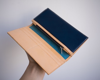 Cartera de cuero larga, embrague de cartera de cuero, cartera de embrague de cuero genuino, cartera de cuero de Italia, cartera larga personalizada, cartera larga azul