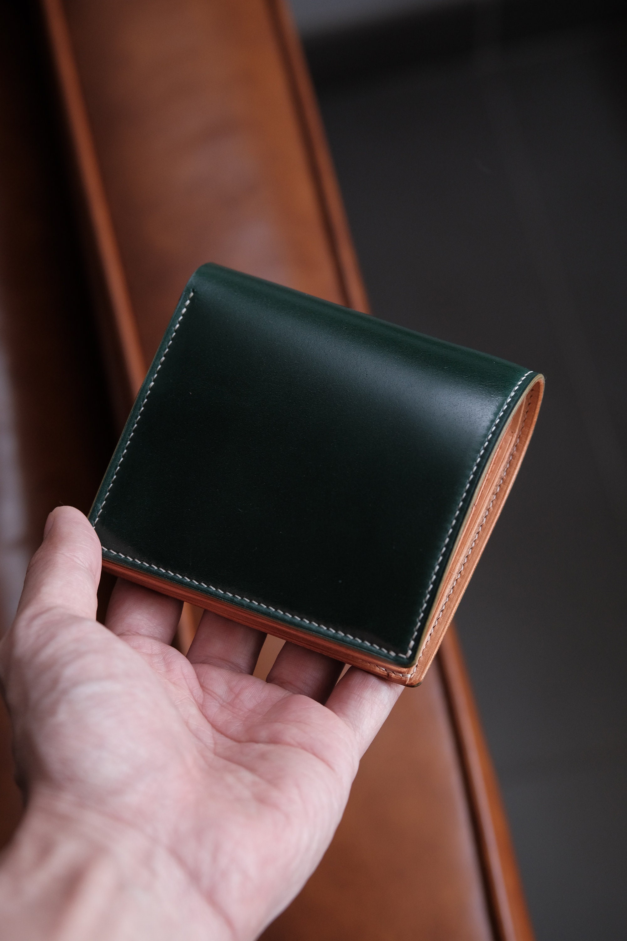 Green Leather Wallet, Bifold Wallet, Cordovan Leather, Classic Leather