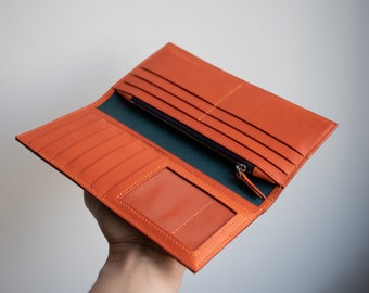 Buttero Leather Blue / Orange Bifold leather long wallet, handmade long wallet