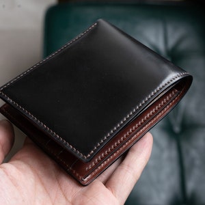 Cartera de cuero negro, cartera bifold, Horween Cordovan, cartera de cuero clásica, cartera de tarjeta de crédito, cartera Horween, cartera negra para hombre