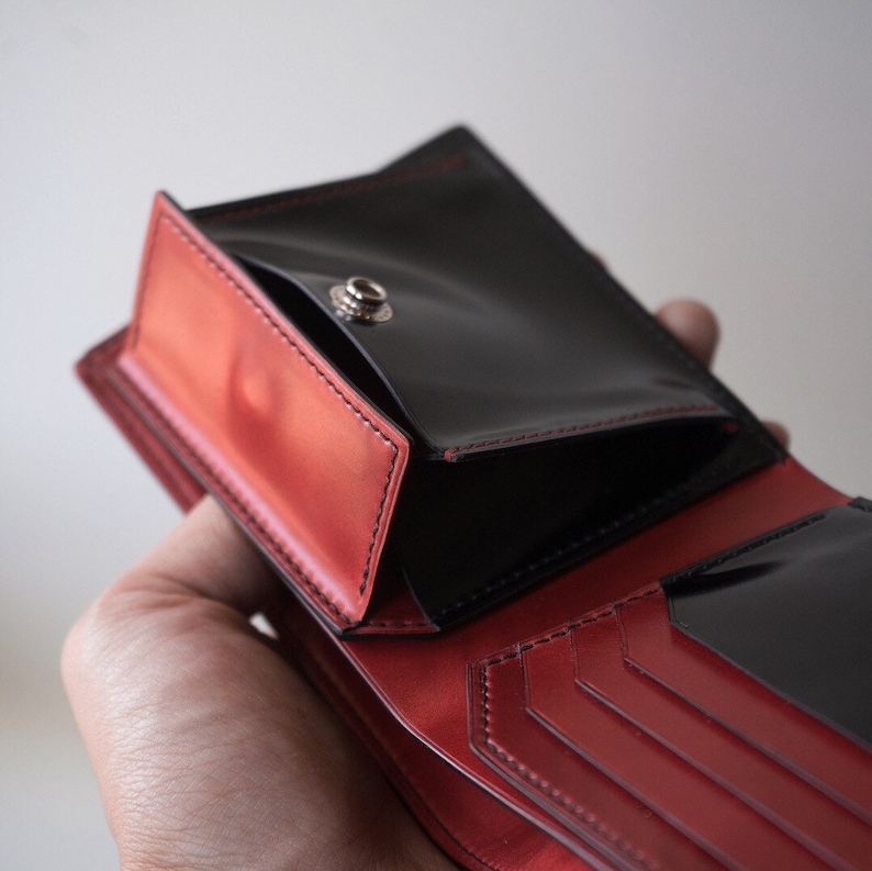 Shinki Cordovan Black with Red Bifold leather wallet, Vegetable Tanned Leather handmade Bifold Wallet image 5