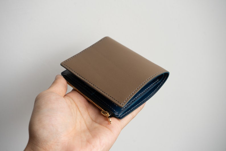 Cartera de cuero Buttero gris / azul Bifold de cuero, cartera hecha a mano imagen 1