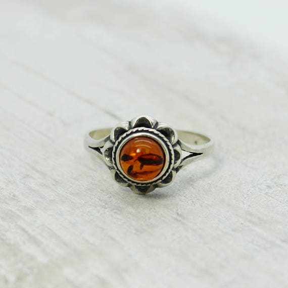 Delicate Amber flower ring with silver ornate ste… - image 1