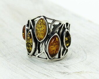 Tri-color Amber ring antique style 925 oxidized silver marquise shape cognac, yellow and green amber with sterling silver 925