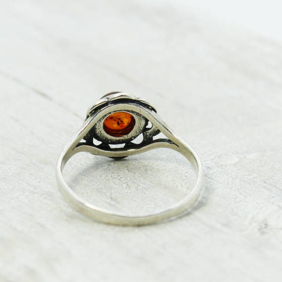 Delicate Amber flower ring with silver ornate ste… - image 3
