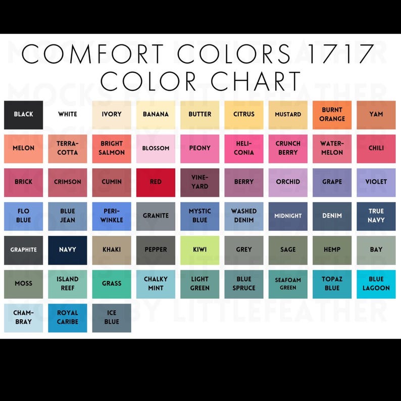 May include: Color chart with 10 rows of 10 color swatches. Each swatch is labeled with a color name. The chart is titled "Comfort Colors 1717 Color Chart".