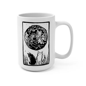 Whimsical Cat & Moon Mug, 15oz Coffee Cup, Black and White Artistic Design, Perfect Gift for Cat Lovers, Home Kitchen Decor, Unique Mug