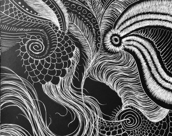 May include: Abstract black and white artwork featuring intricate patterns and textures. The design includes swirling lines, feather-like shapes, and detailed circular elements, creating a dynamic and visually engaging composition.