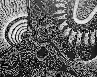 May include: Abstract black and white artwork featuring intricate patterns and designs. The image showcases a complex arrangement of lines, circles, and organic shapes, creating a visually engaging composition. The artwork's detailed linework and contrasting colors highlight its artistic complexity.
