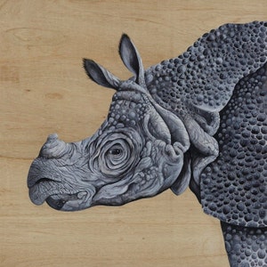 Könnte beinhalten: Detaillierte Malerei eines Nashornkopfes in Grautönen, vor einem hellbraunen Holzmaserungshintergrund. Das Kunstwerk hebt die strukturierte Haut und das ausdrucksstarke Auge des Nashorns hervor.