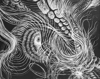 May include: Abstract black and white artwork featuring swirling lines, circular patterns, and textured shapes. The design includes a central spiral, feather-like forms, and interconnected elements, creating a dynamic composition.