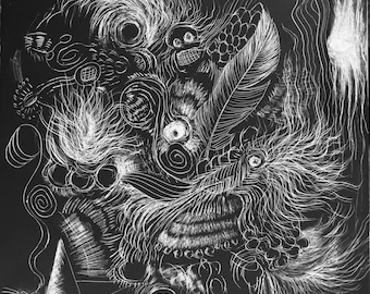 May include: Abstract black and white artwork featuring a complex design of swirling lines, feathers, and geometric shapes. The composition includes spirals, circles, and a cone, creating a dynamic and textured visual experience.